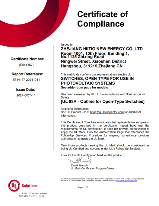 HIITIO Achieves UL and CB Certification for DC Disconnect Switches7